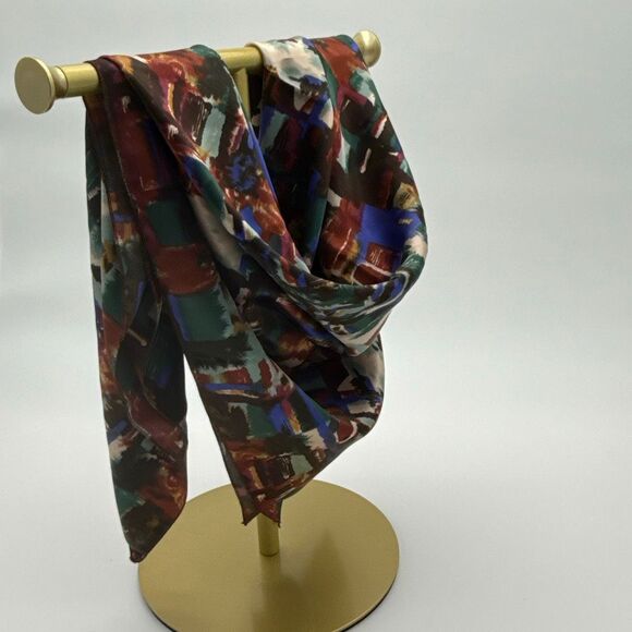 Vintage 80s Mademoiselle Large Square Satin Scarf 31x30 Abstract Green Red Cobal - Picture 6 of 11